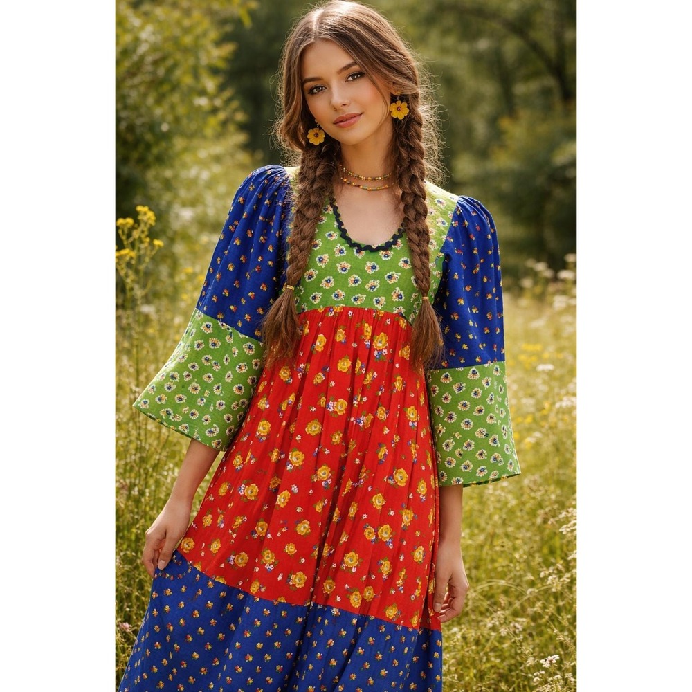 1960s 1970s Vintage Dress Novelty Print large bell Sleeves Young Innocent S/M